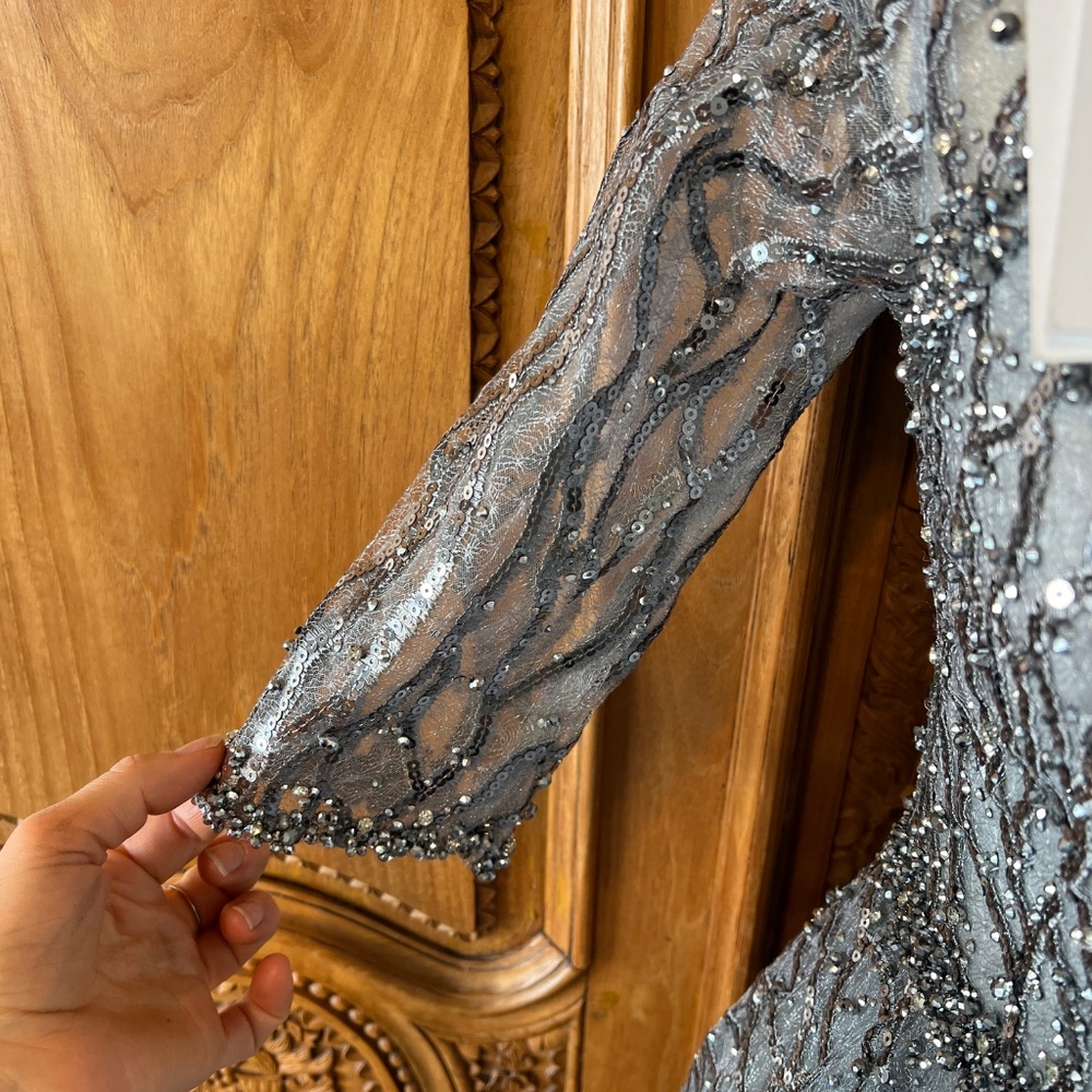 NWT Mac Duggal [2] 20252 Embellished A-Line Cocktail Dress Silver Gray Sequin - Picture 6 of 13